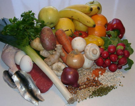 Fresh fruit, vegetables, fish, eggs, grains