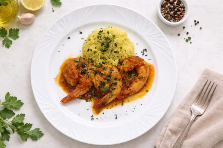 Mediterranean prawns with spicy basmati rice