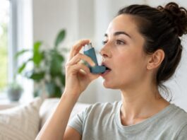 Manage asthma naturally Woman with asthma inhaler