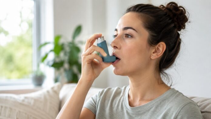 Woman with asthma inhaler