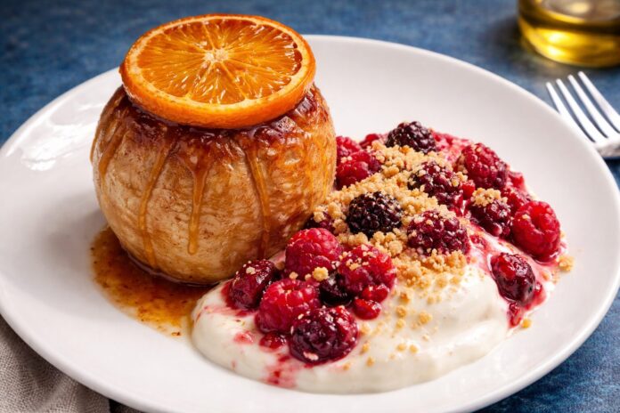 Baked apple with glazed orange and berry yoghurt