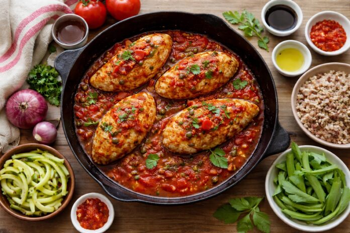 Braised Mediterranean chicken with wild rice