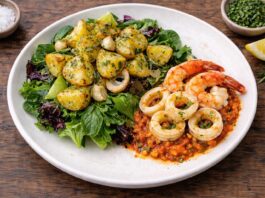 Tomato calamari and prawns with salad