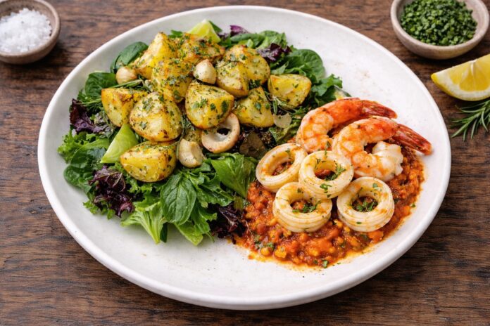 Tomato calamari and prawns with salad