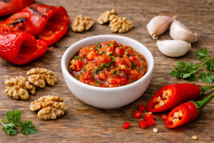 Capsicum and walnut pistou