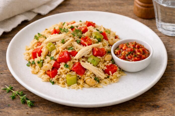 Chicken and vegetable pilaf with capsicum and walnut pistou