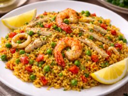 Chicken, prawns and fish paella