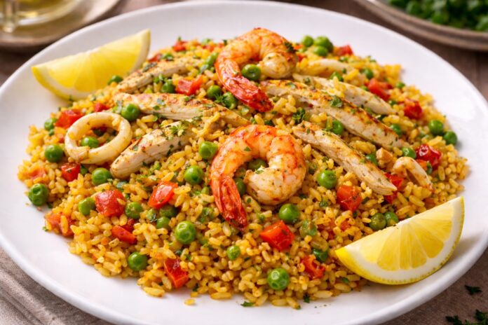 Chicken, prawns and fish paella
