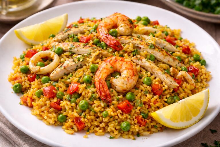 Chicken and seafood paella