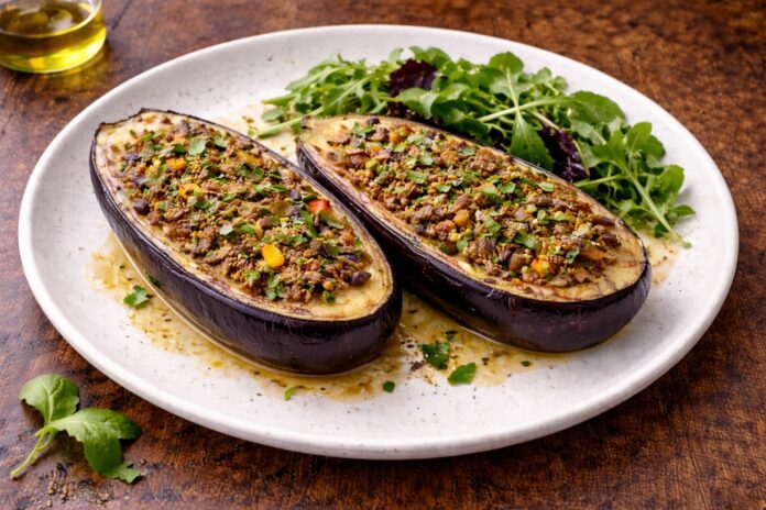 Eggplant stuffed with beef and veggies