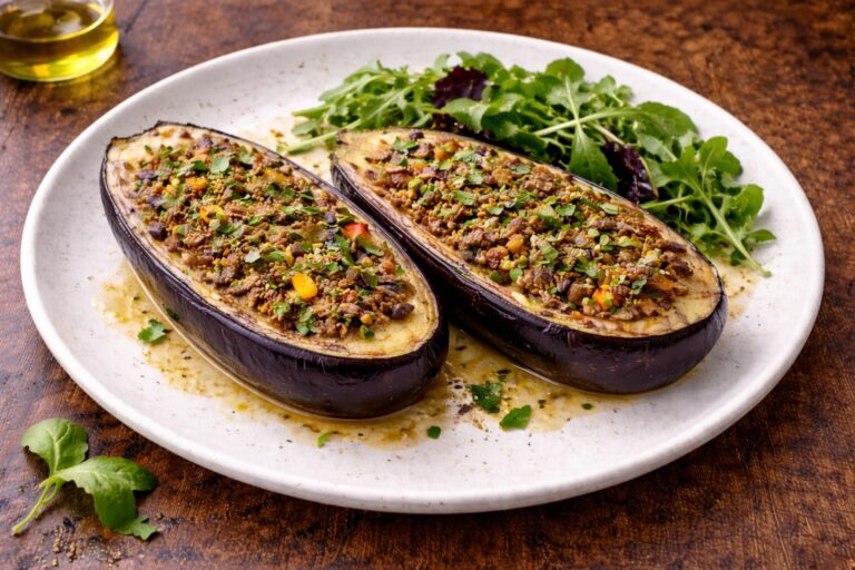 Beef and veggie stuffed eggplant