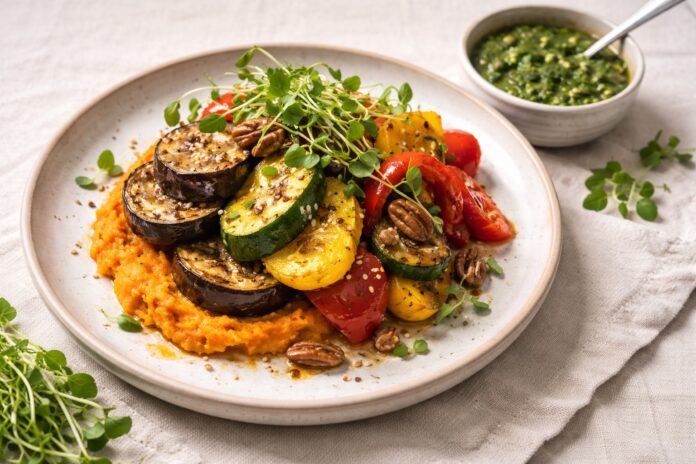 Eggplant with sweet potato and salsa verde