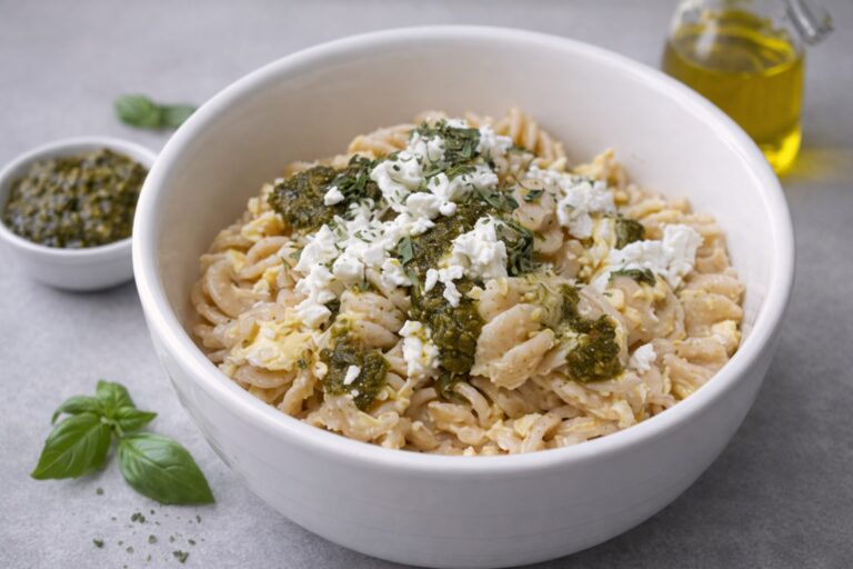Feta and pesto pasta bake