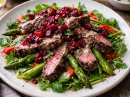 Peppered beef, vegetables and beetroot salsa