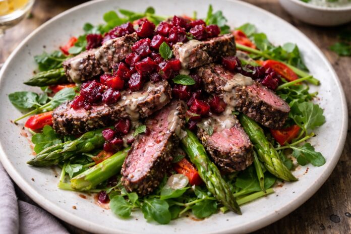 Peppered beef, vegetables and beetroot salsa