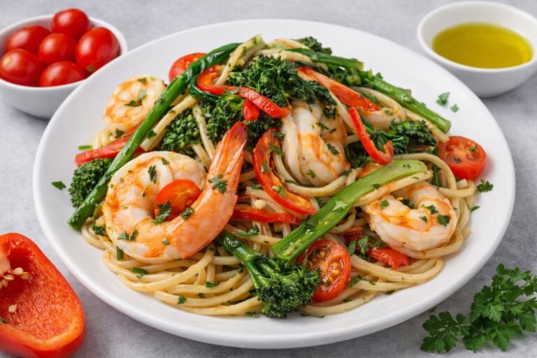 Prawns with vegetable infused spaghetti
