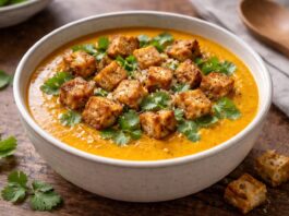 Pumpkin soup with spicy tofu