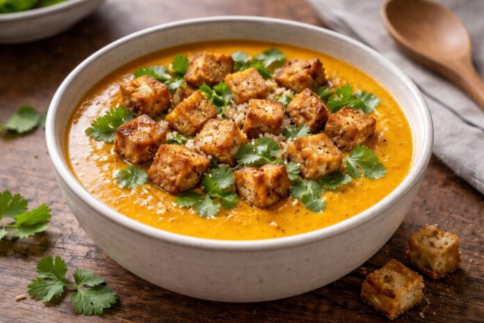 Pumpkin soup with spicy tofu