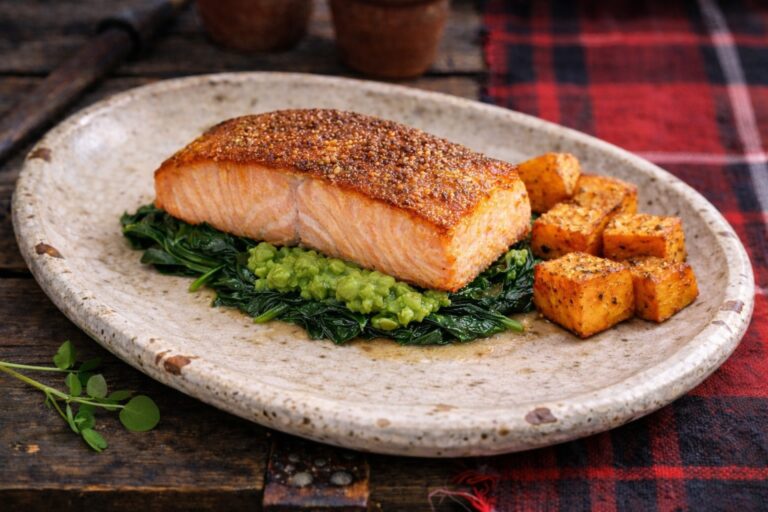 Trout with wilted spinach and sweet potatoes